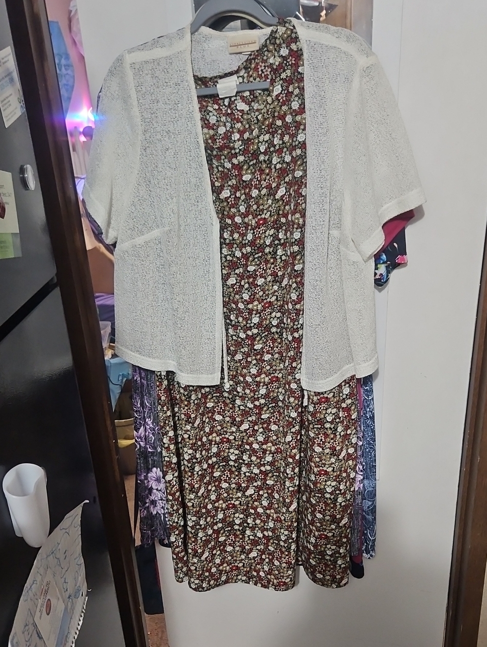 Expressions Brown Floral Midi Dress with White Cardigan Overlay